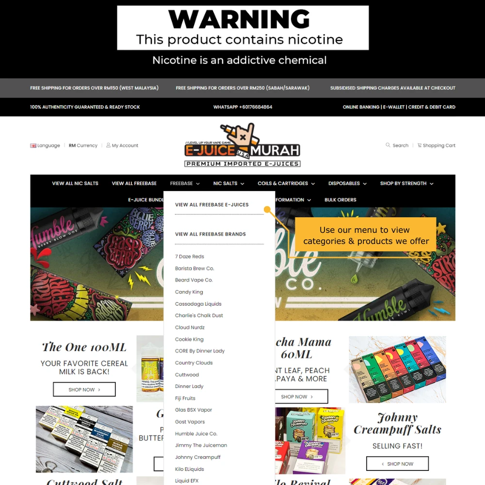 How to browse products using the E-Juice USA Murah menu