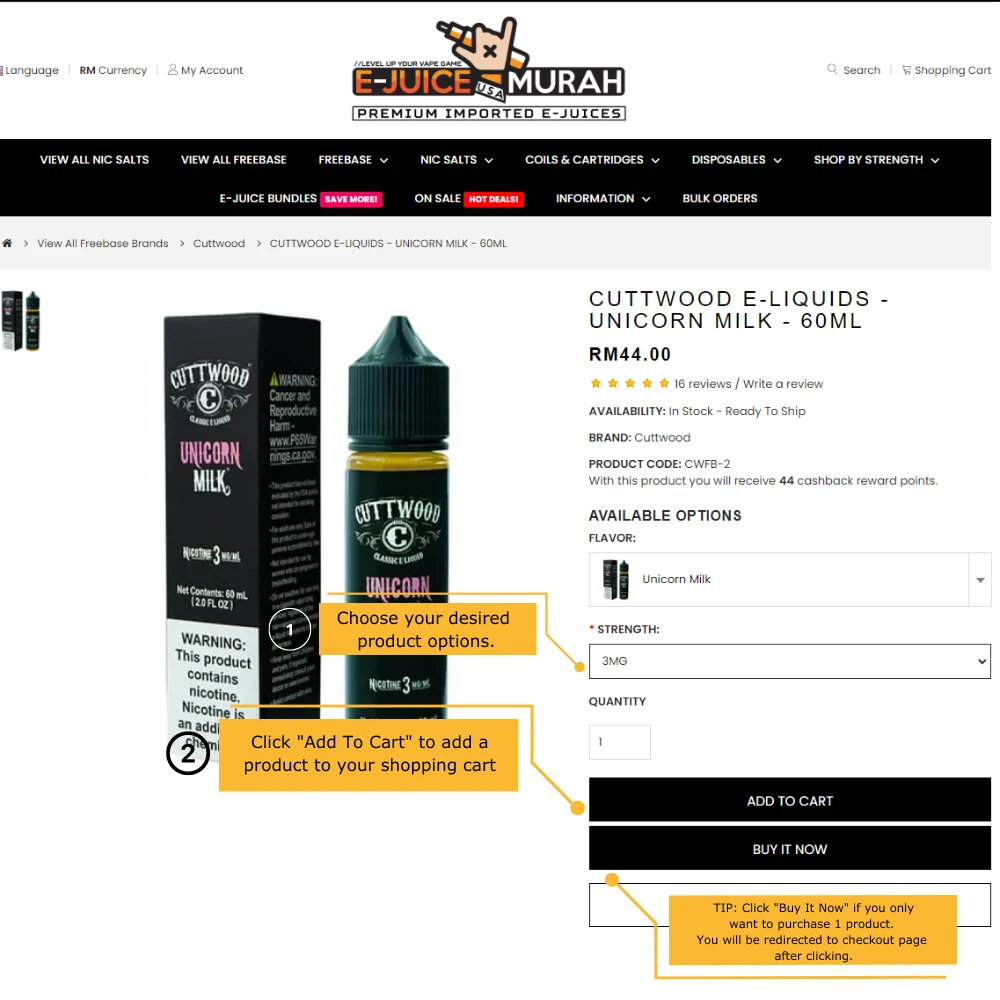 Selecting product options and adding an item to cart