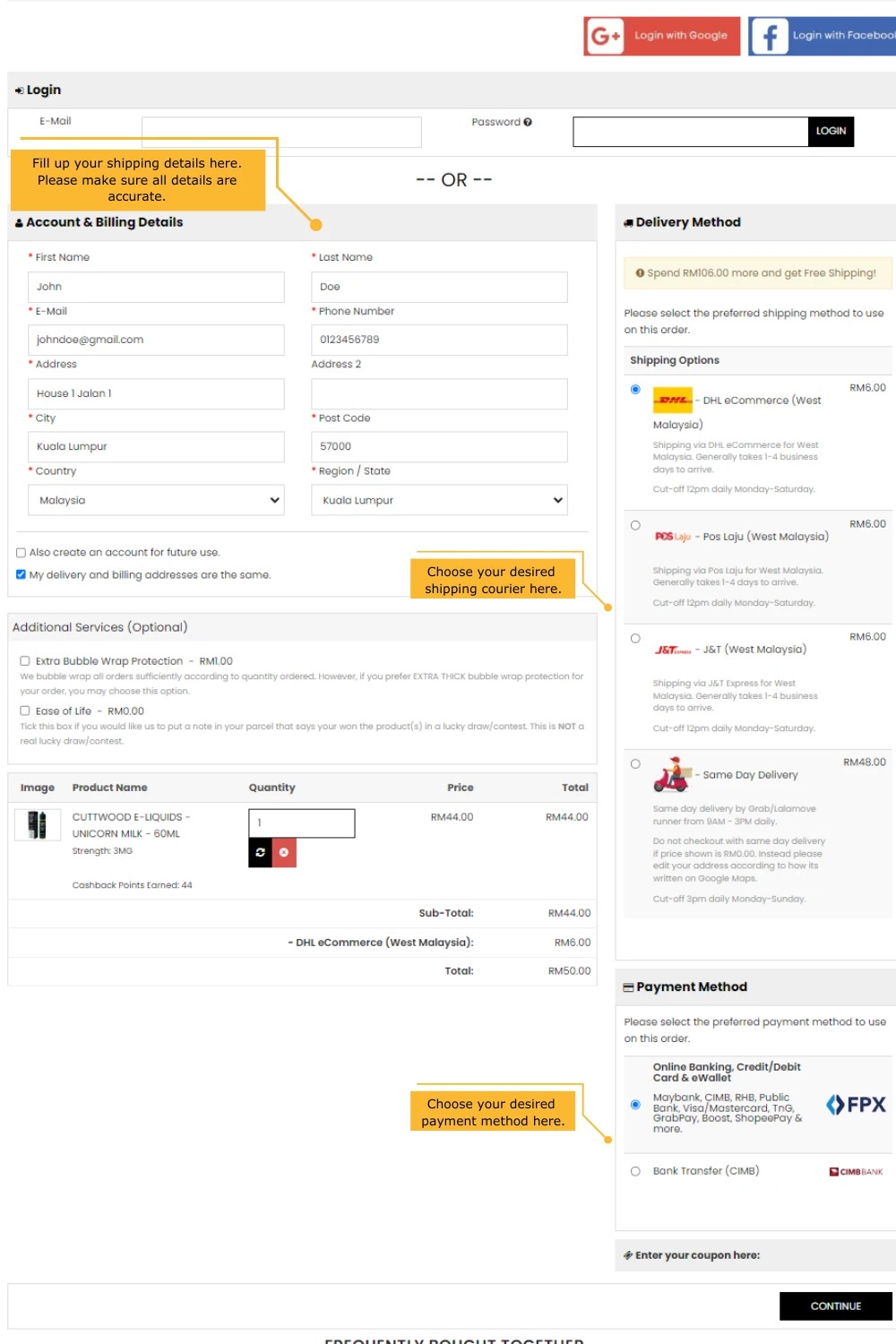 Entering shipping and payment details during checkout