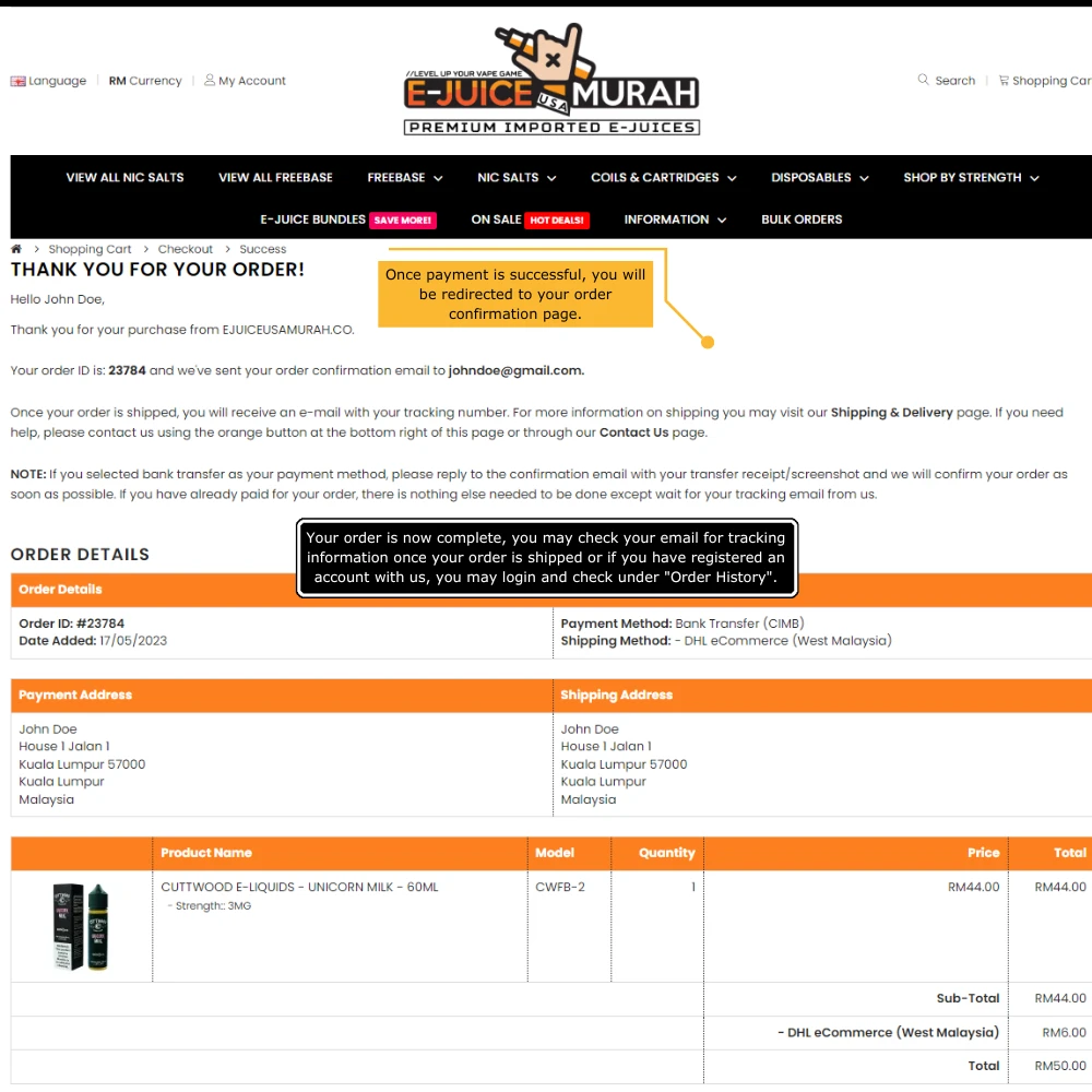 Order confirmation page after completing payment